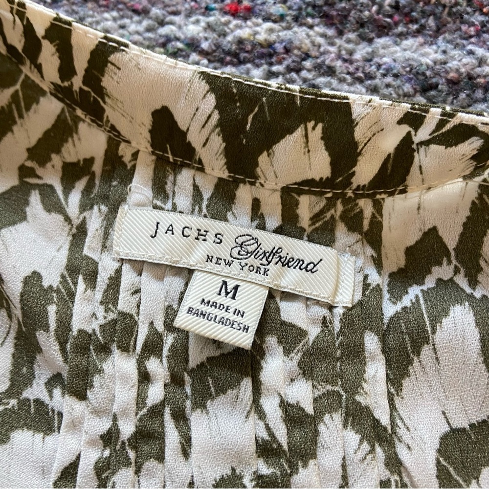JACHS Girlfriend Olive Green White Abstract Button Down Top Blouse Shirt Medium - Picture 11 of 12